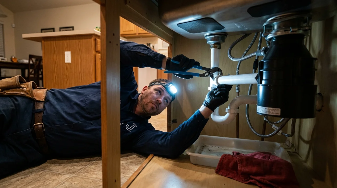 P-trap and supply line connections under a kitchen sink showing a common leak point in Ashland, WI